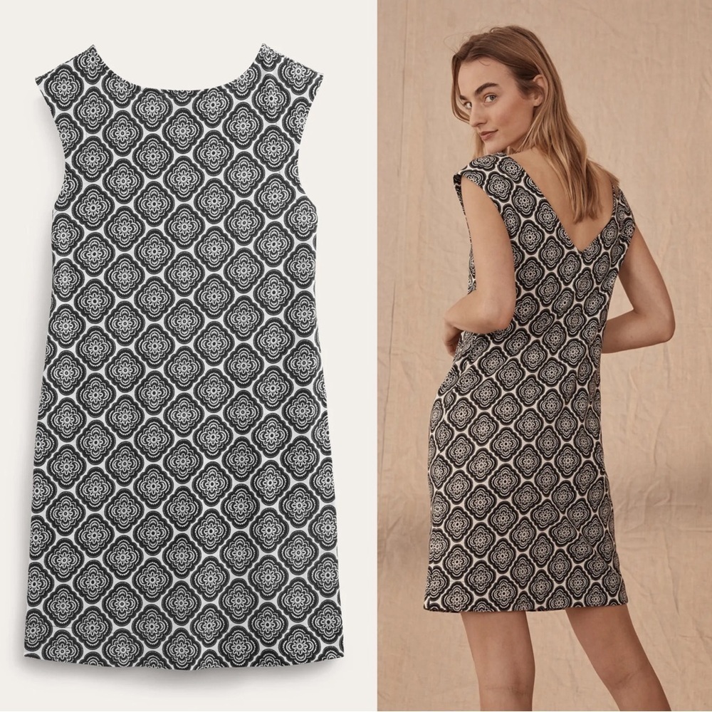 Boden • Sleeveless Jersey Shift Dress black white print knit cap sleeve floral